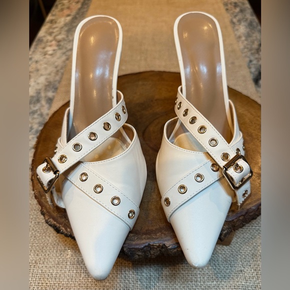 Elegant White Gold Hardware  Women's Heeled Mules. Size 8. EUC! - Picture 1 of 10